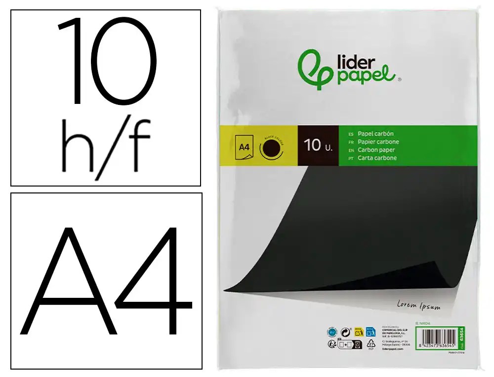 [63654] Papel carbon liderpapel negro din a4 bolsa de 10 hojas