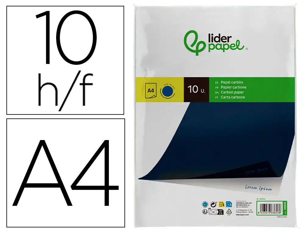 [63653] Papel carbon liderpapel azul din a4 bolsa de 10 hojas