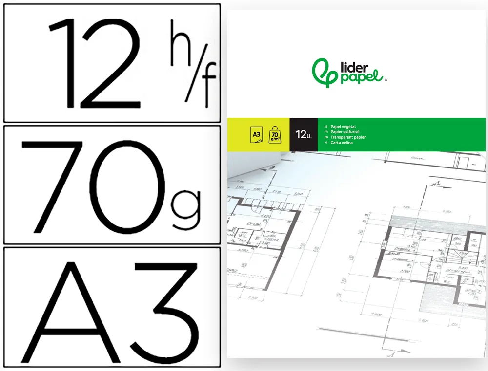 [63241] Papel vegetal liderpapel din a3 70 g 297x420mm sobre de 12 hojas