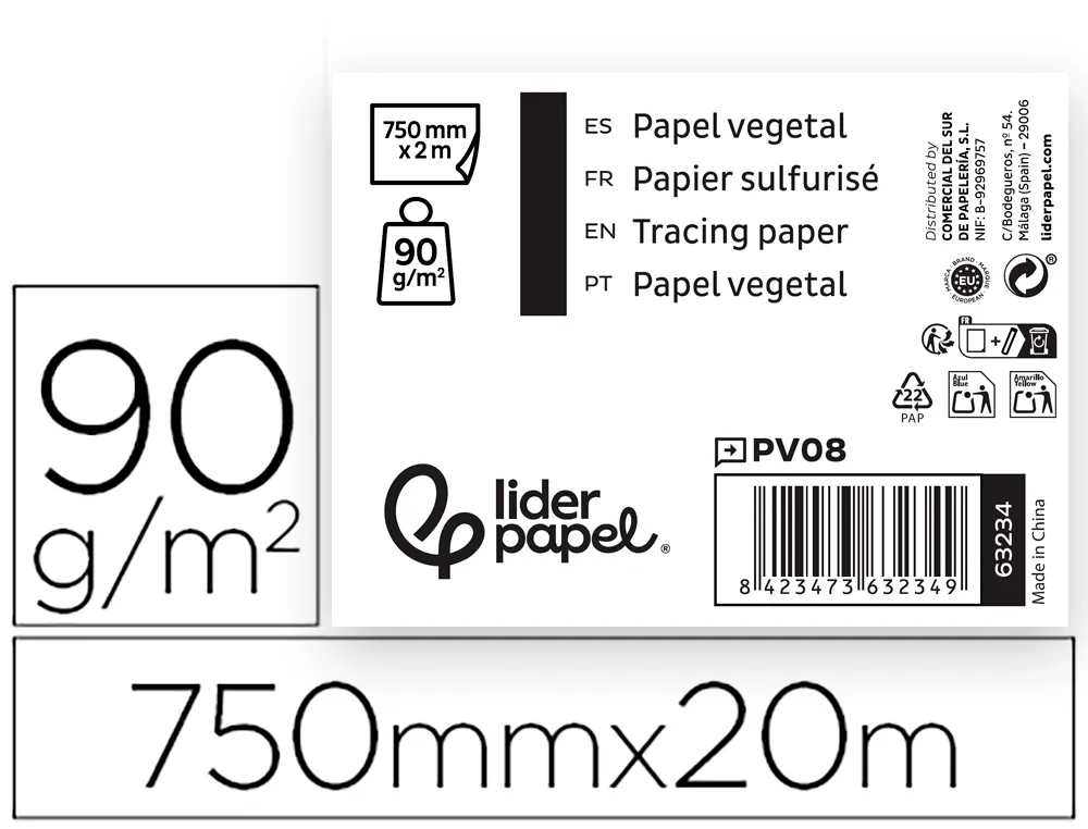 [63234] Papel vegetal liderpapel 750mmx20m 90 g rollo