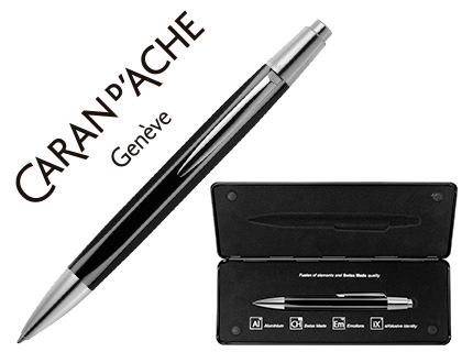 [62998] Boligrafo caran d'ache alchemix cuerpo laca negra adornos cromados brillante con estuche punta media