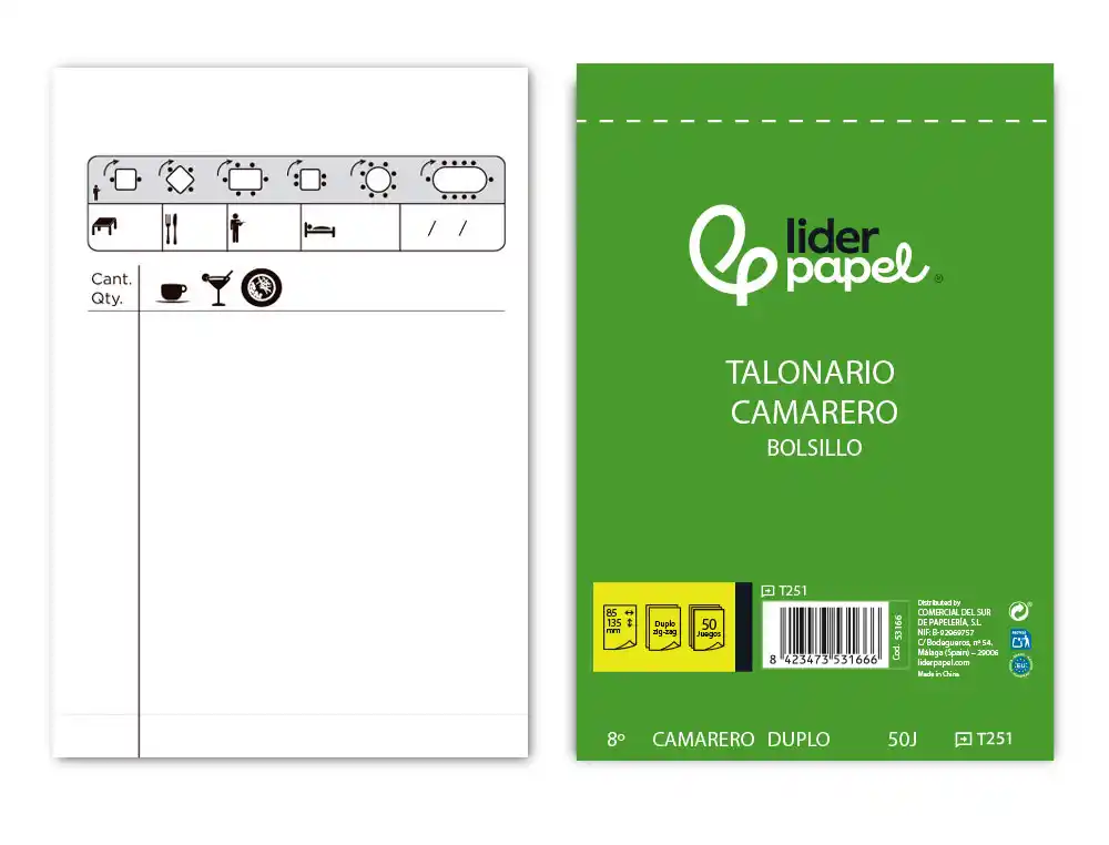 [53166] Talonario liderpapel camarero bolsillo original y copia t251 zig zag