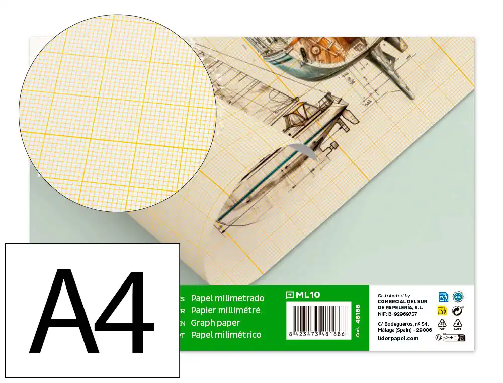 [48188] Papel dibujo liderpapel 210x297mm 80 g milimetrado pack de 10 hojas
