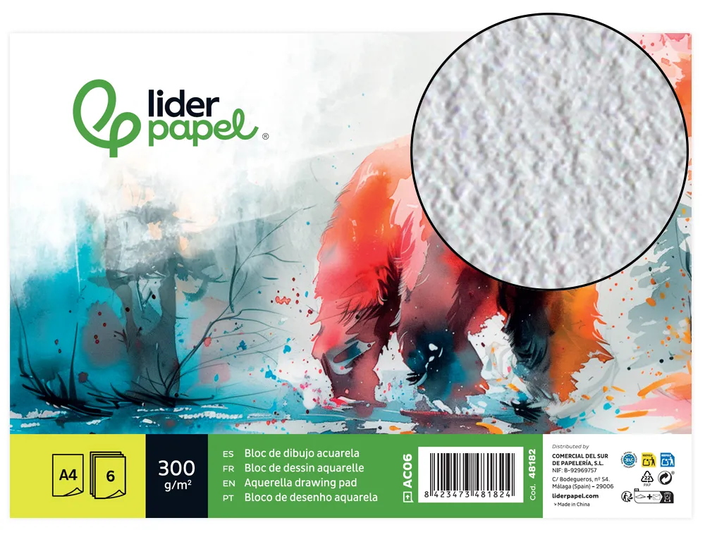 [48182] Papel dibujo liderpapel 210x297mm 300 g acuarela pack de 6 hojas