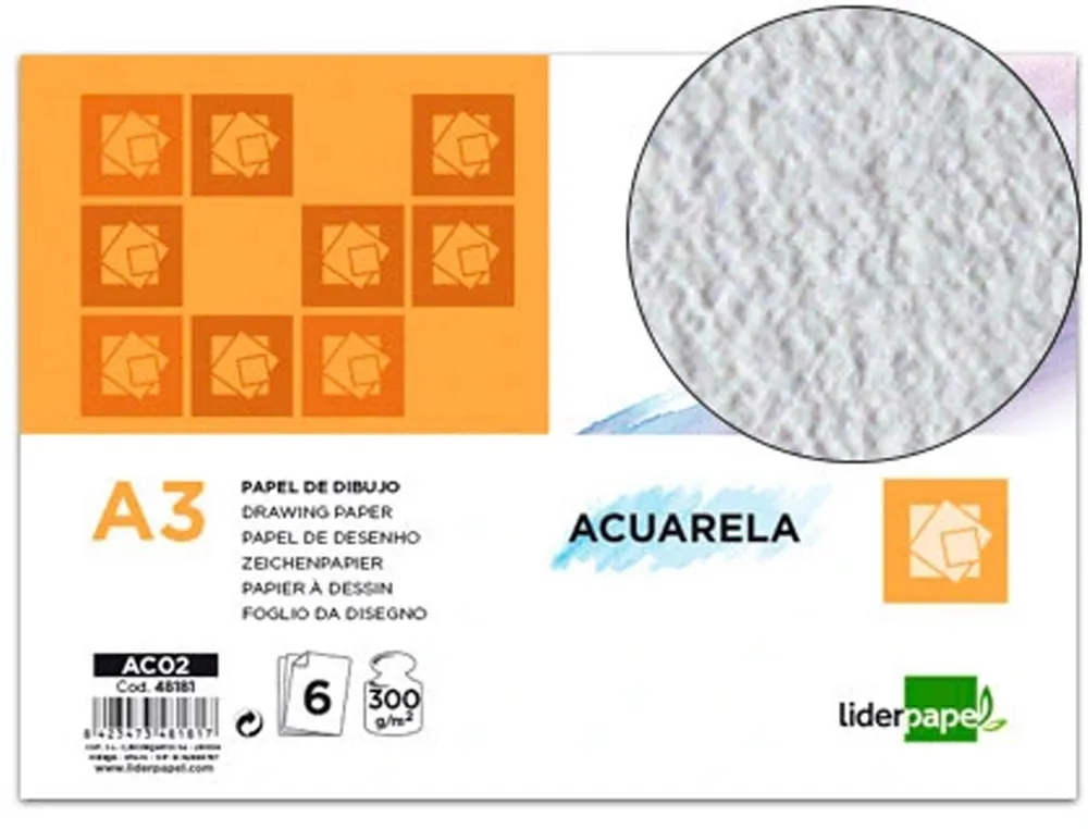 [48181] Papel dibujo liderpapel 297x420mm 300 g acuarela pack de 6 hojas