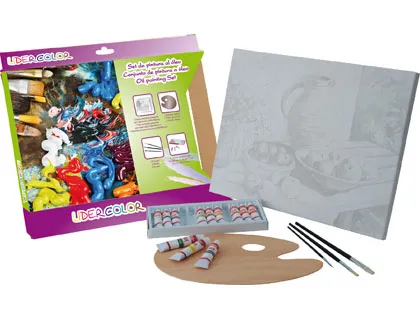 Set pintura al oleo liderpapel contiene 1 lienzo imprimacion 30x40cm 1 paleta madera 3 brochas tubos 12x12ml oleo