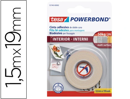 Cinta adhesiva doble cara tesa para interiores 1,5 m x 19 mm