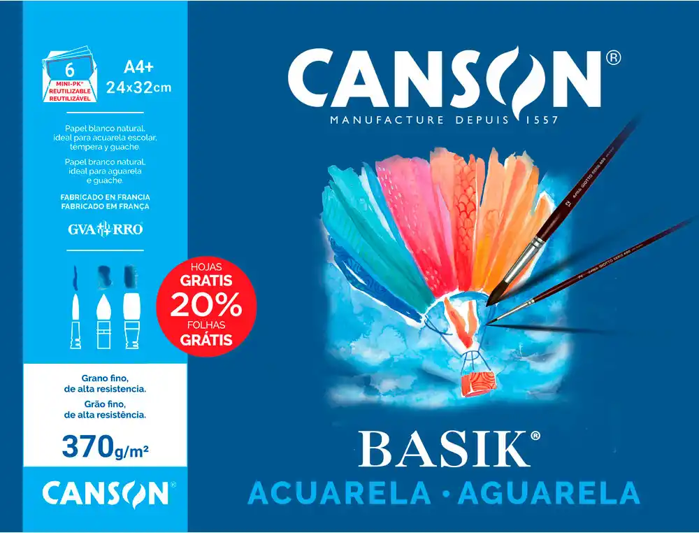 [38202] Papel acuarela basik canson din a4+ 370 gr pack de 6 hojas
