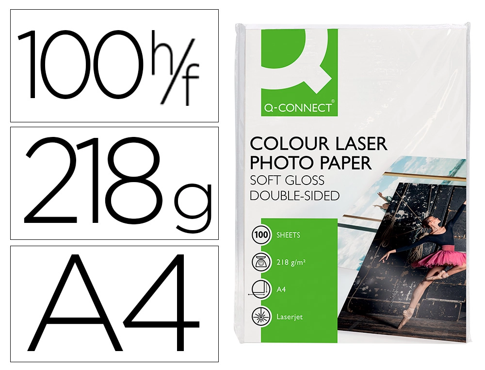 [36218] Papel q-connect foto glossy din a4 para fotocopiadoras e impresoras laser paquete de 100 hojas de 218 g