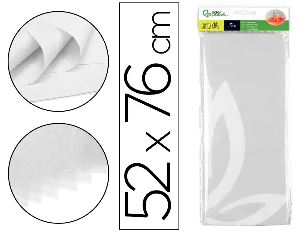 [36082] Papel seda liderpapel 52x76cm 18g/m2 bolsa de 5 hojas blanco
