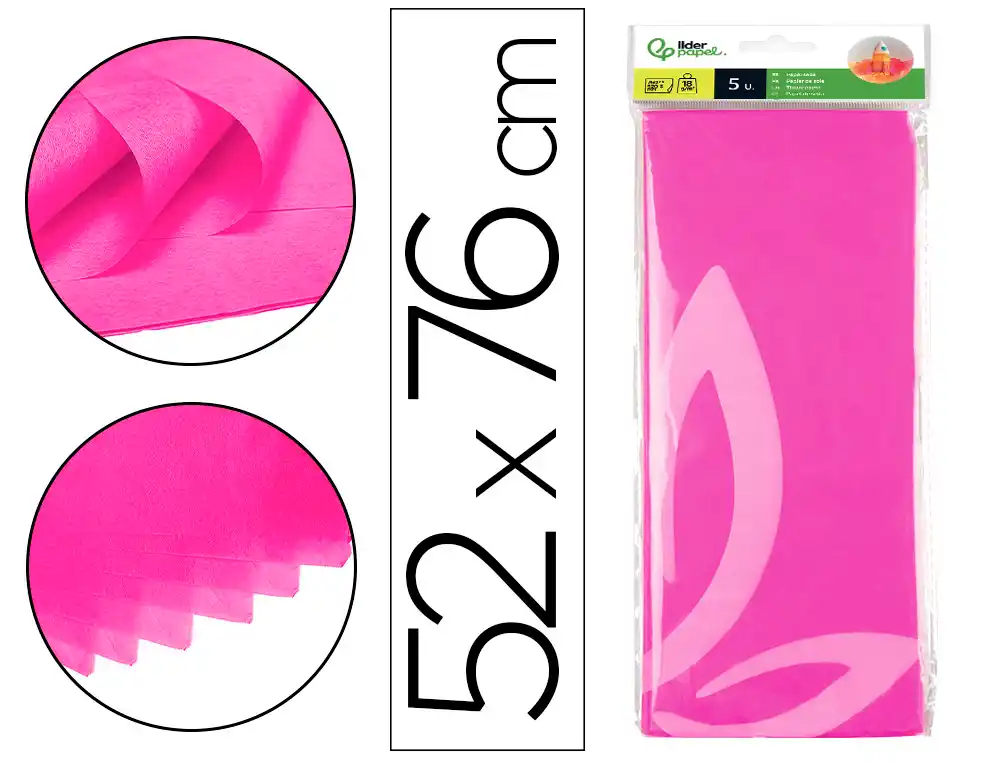 [36080] Papel seda liderpapel 52x76cm 18g/m2 bolsa de 5 hojas rosa fuerte