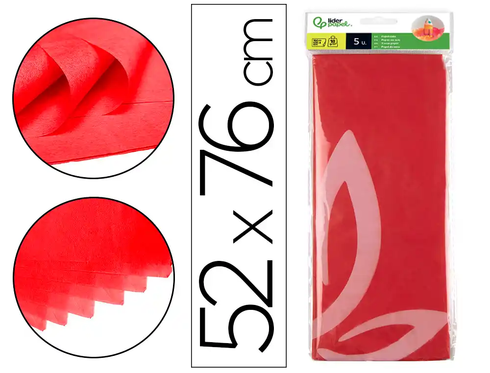 [36077] Papel seda liderpapel 52x76cm 18g/m2 bolsa de 5 hojas rojo