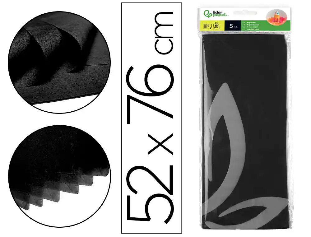 Papel seda liderpapel 52x76cm 18g/m2 bolsa de 5 hojas negro