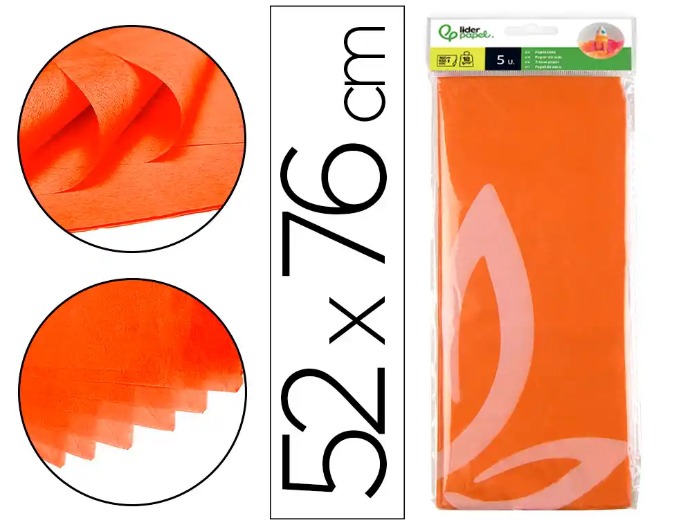 [36075] Papel seda liderpapel 52x76cm 18g/m2 bolsa de 5 hojas naranja