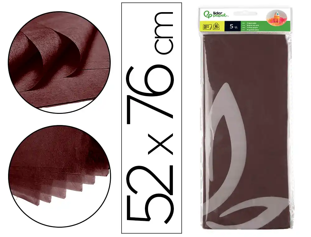 [36074] Papel seda liderpapel 52x76cm 18g/m2 bolsa de 5 hojas marron