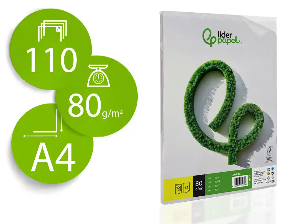 Papel liderpapel din a4 8o gr liso paquete de 100 hojas + 10 hojas gratis