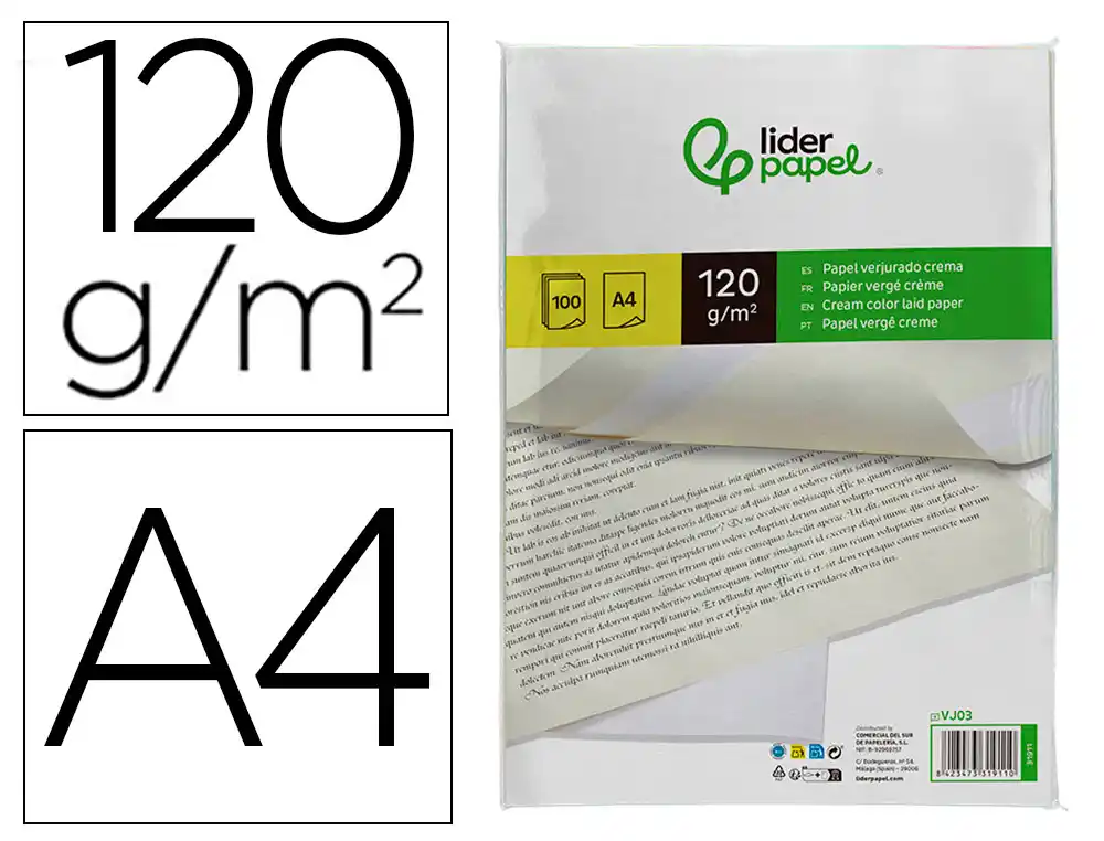 Papel verjurado liderpapel din a4 120g/m2 crema paquete de 100 hojas
