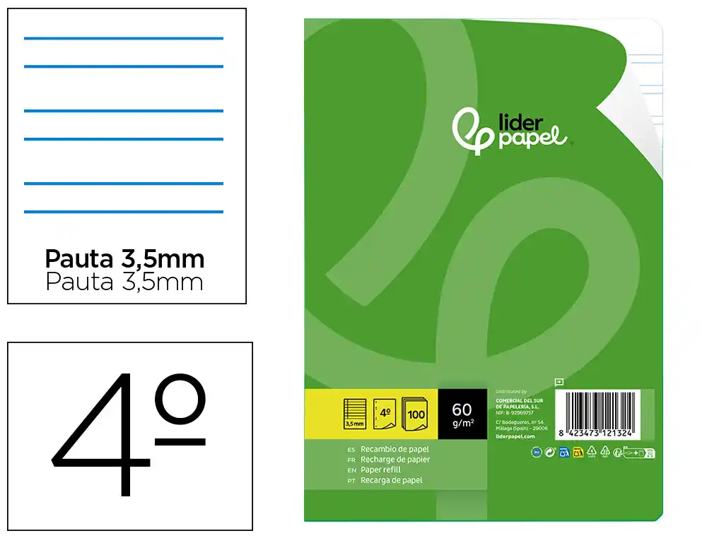 Recambio liderpapel cuarto 100 hojas 60gr pauta 4ª 3.5mm con margen 6 taladros