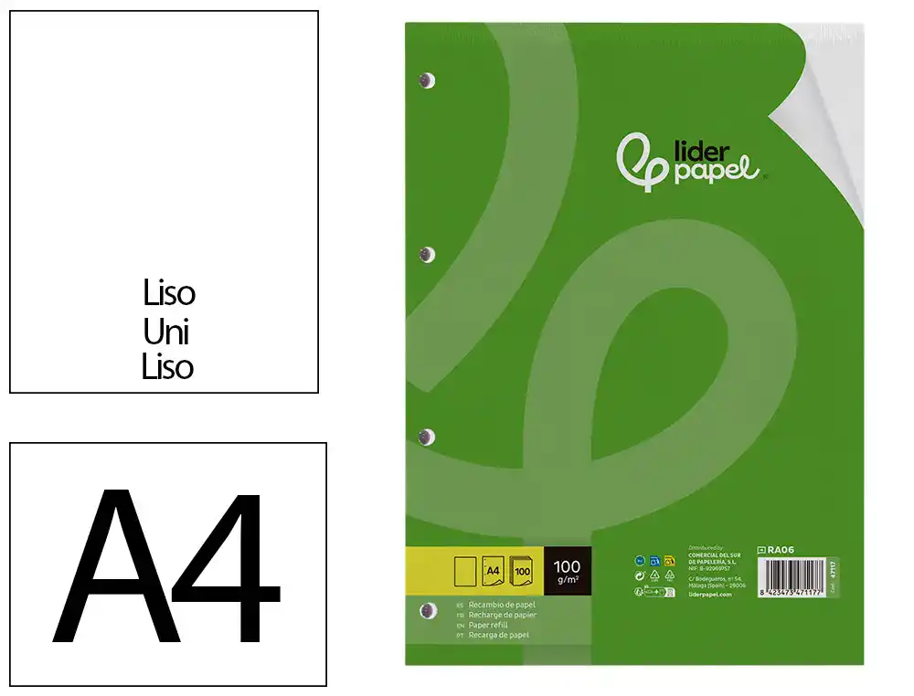 Recambio liderpapel a4 100 hojas 100gr liso 4 taladros doble margen