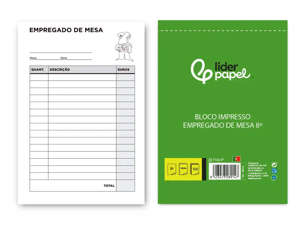 [28914] Talonario liderpapel camarero octavo sin iva 102 texto en portugues