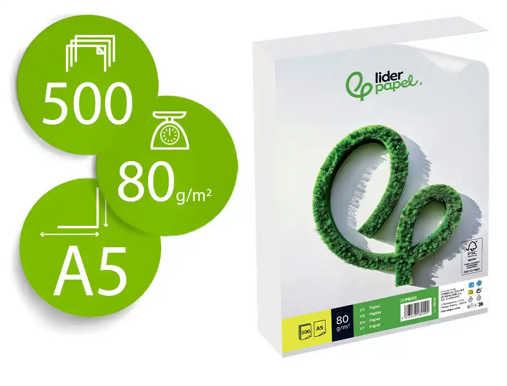Papel liderpapel din a5 80 gr liso paquete de 500 hojas