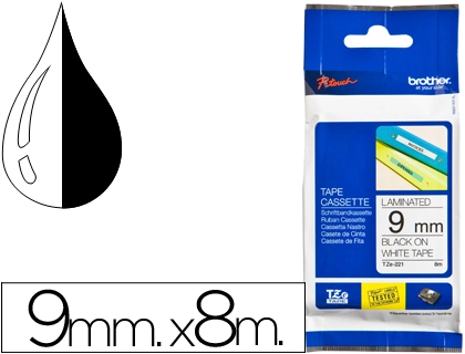 Cinta brother tze221 blanco-negro 9mm longitud 8 m