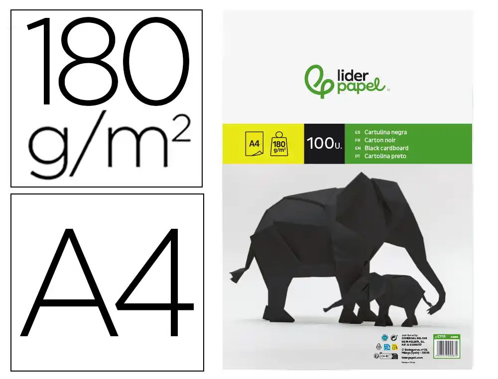 Cartulina liderpapel a4 180g/m2 negro paquete de 100 hojas