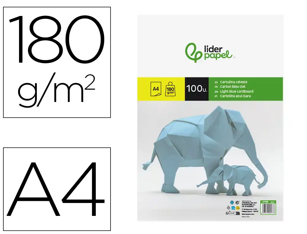 Cartulina liderpapel a4 180g/m2 celeste paquete de 100 hojas