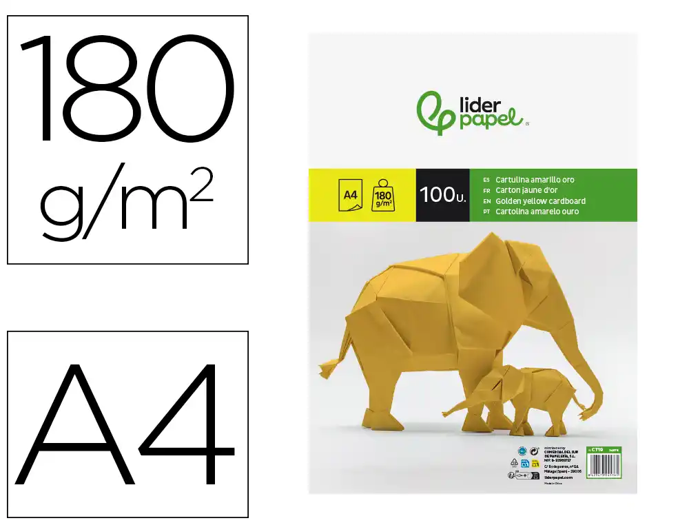 Cartulina liderpapel a4 180g/m2 oro paquete de 100 hojas