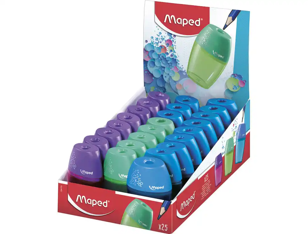 Sacapuntas maped plastico 1 uso con deposito expositor de 25 unidades