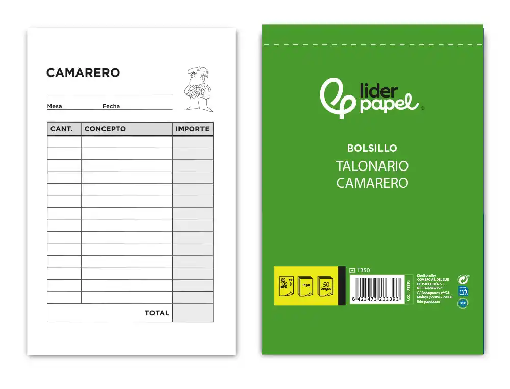 [23339] Talonario liderpapel camarero bolsillo original y 2 copias t350