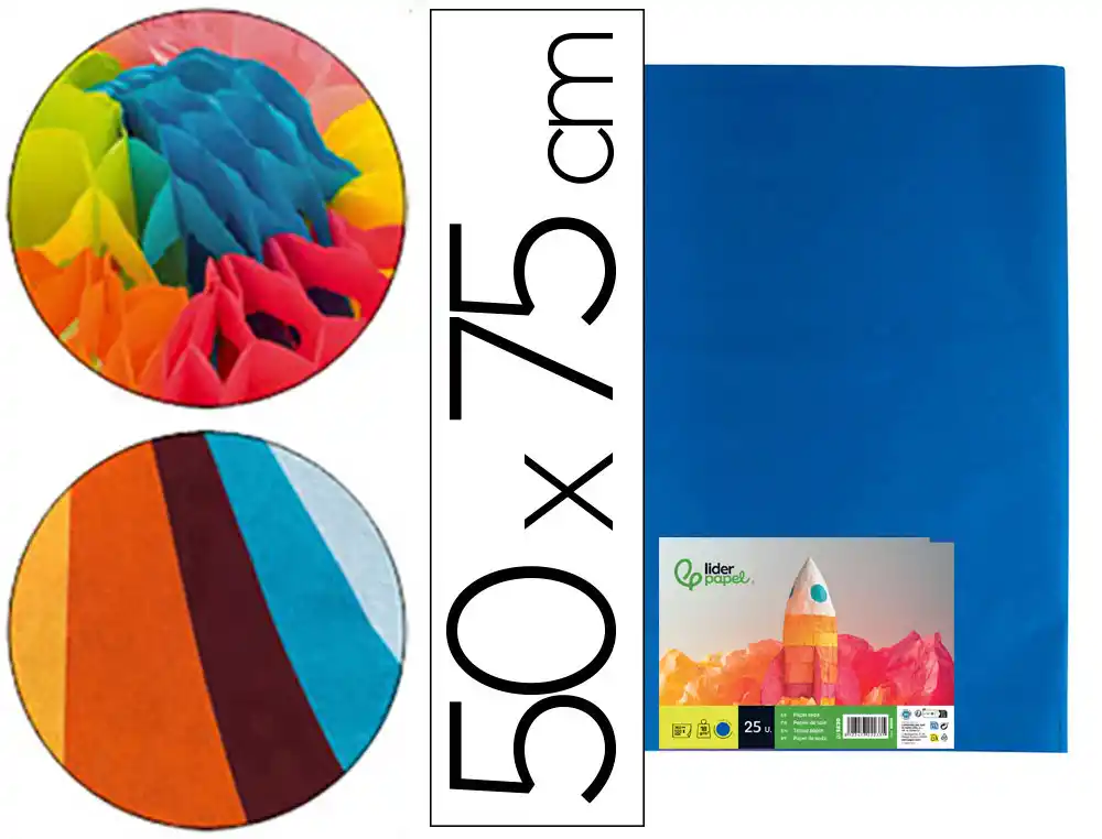 Papel seda liderpapel azul 52x76 cm 18 gr paquete de 25 hojas
