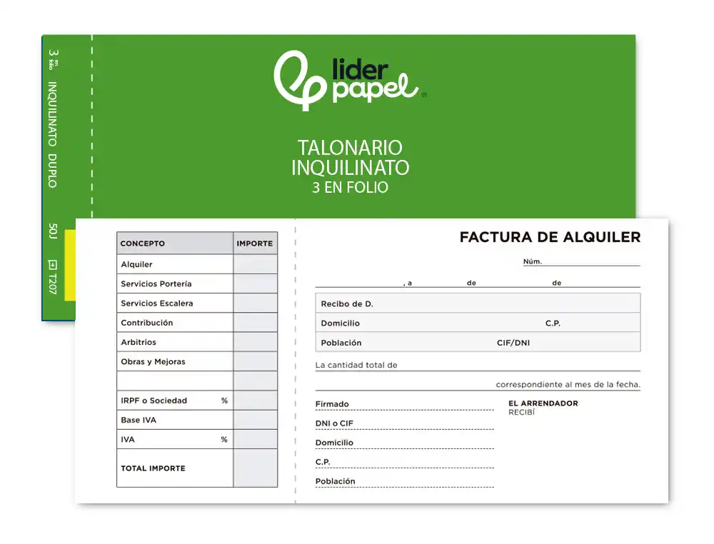 [21986] Talonario liderpapel inquilinato 3/fº original y copia t207 con codiciones e i.v.a.