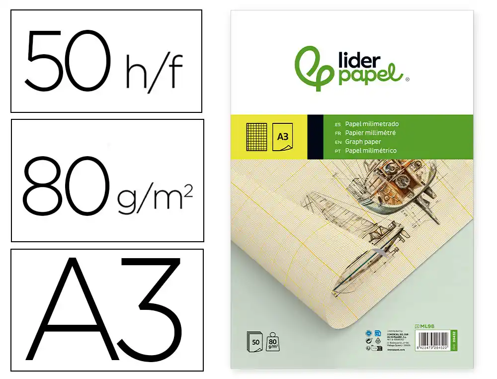 [20452] Bloc papel milimetrado liderpapel encolado a3 297x420 mm 50 hojas 80 g