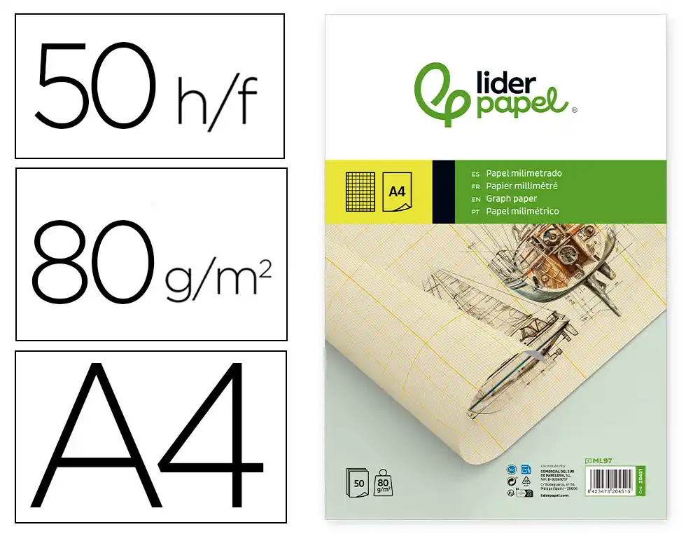 [20451] Bloc papel milimetrado liderpapel encolado a4 210x297 mm 50 hojas 80 g