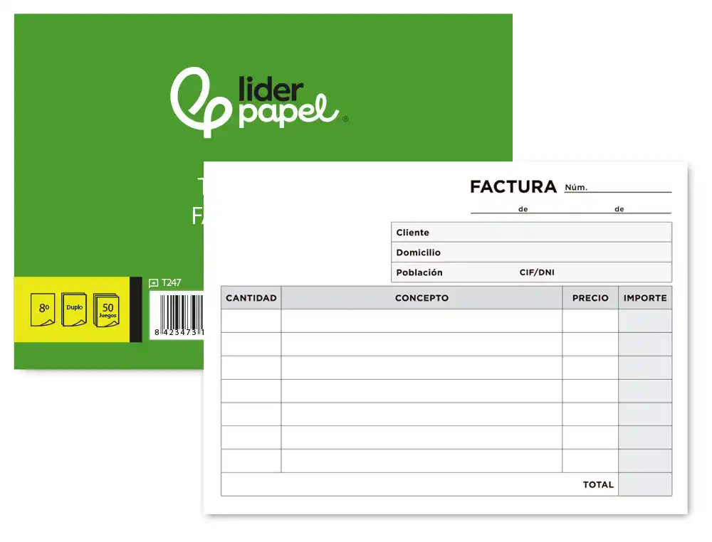 [18459] Talonario liderpapel facturas 8º original y copia t247 apaisado sin i.v.a