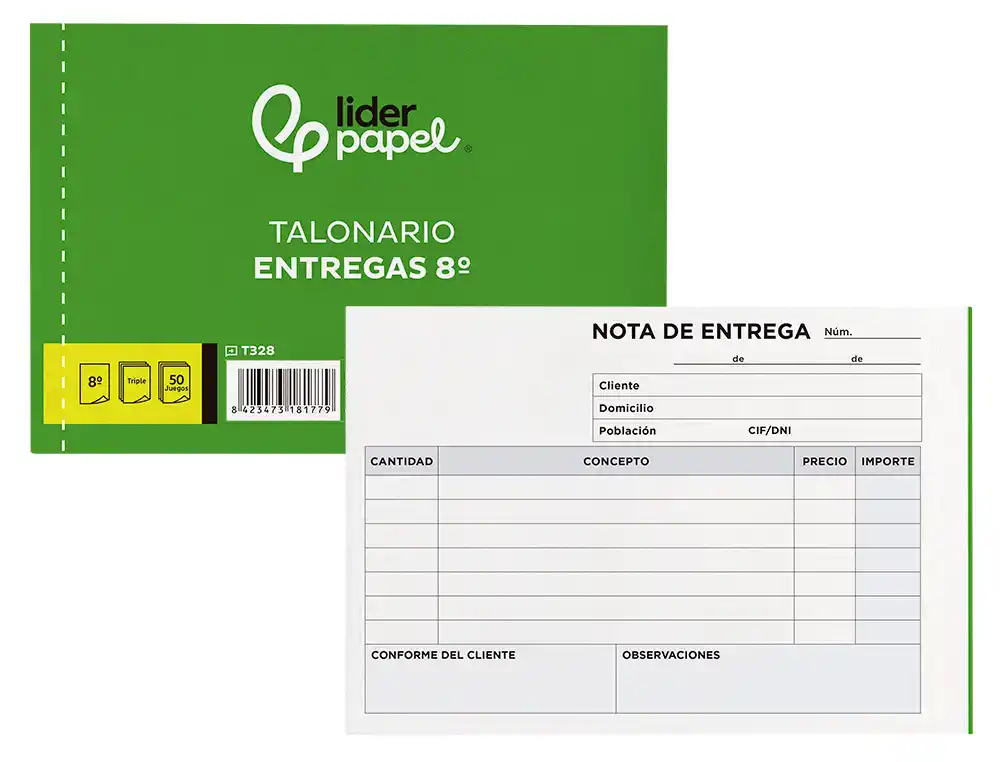 [18177] Talonario liderpapel entregas 8º original y 2 copias t328 apaisado