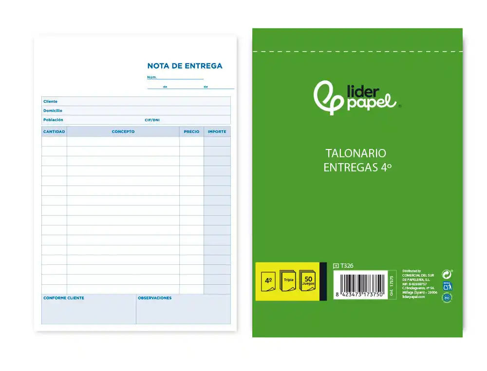 [17375] Talonario liderpapel entregas cuarto original y 2 copias t326