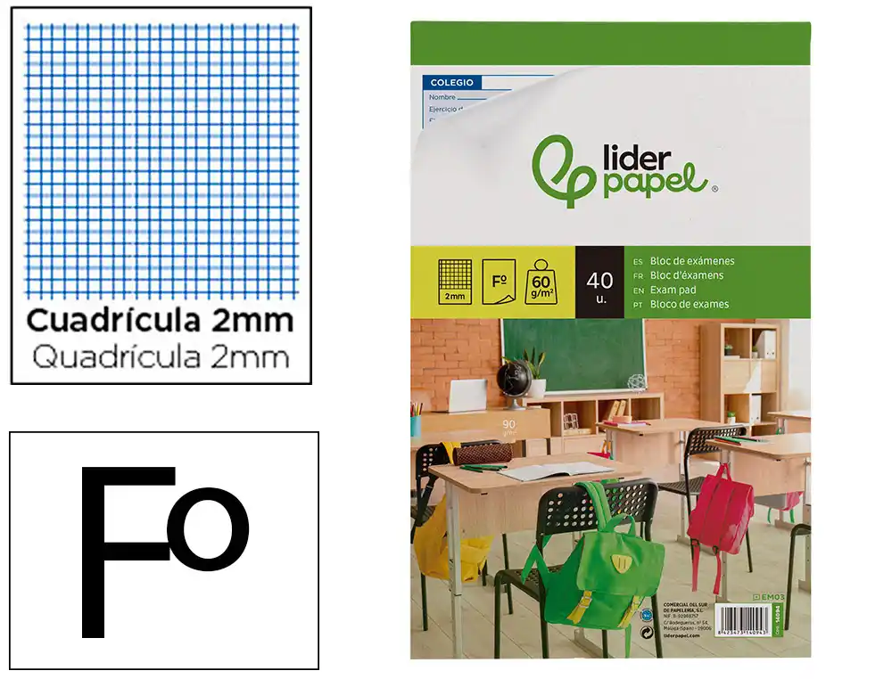 [14094] Bloc examenes liderpapel cuadro 2mm folio 40 hojas 60 g