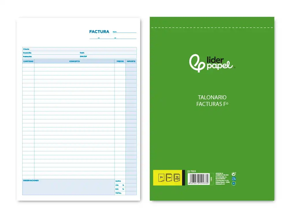 [12433] Talonario liderpapel facturas folio original y copia t223 con i.v.a.