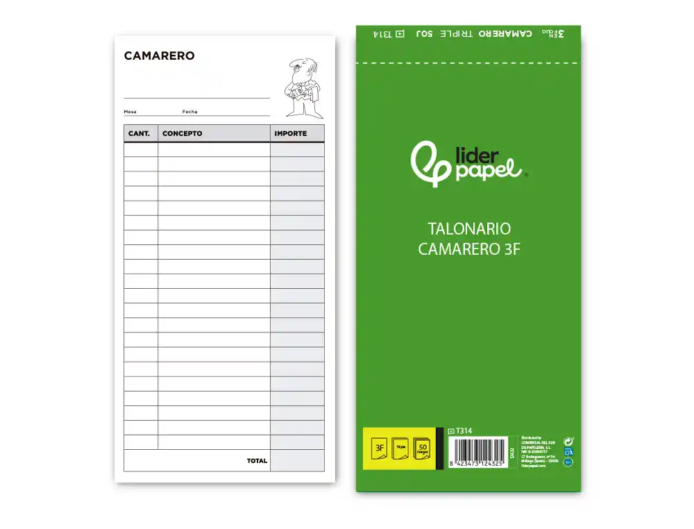 [12432] Talonario liderpapel camarero 3/fº original y 2 copias t314
