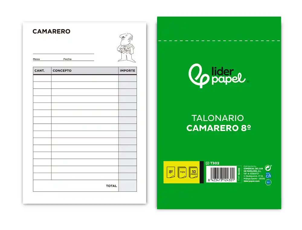 Talonario liderpapel camarero 8º original y 2 copias t302