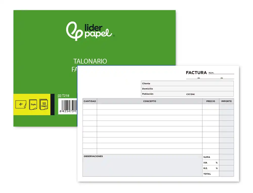 [12421] Talonario liderpapel facturas cuarto original y copia t218 apaisado con i.v.a.