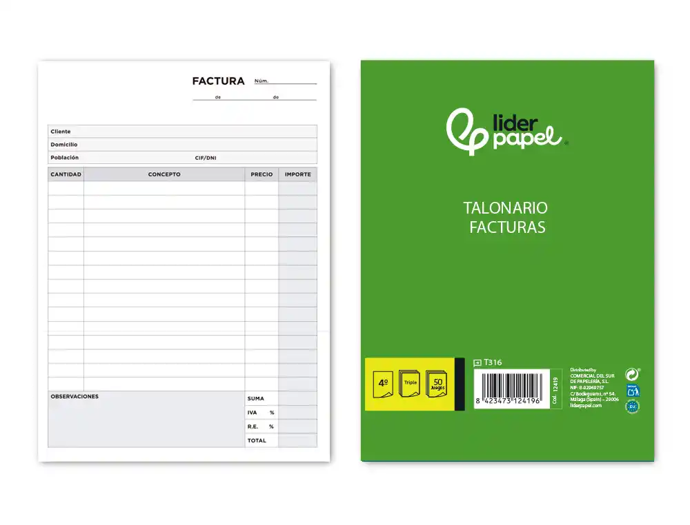 [12419] Talonario liderpapel facturas cuarto original y 2 copias t316 con i.v.a.