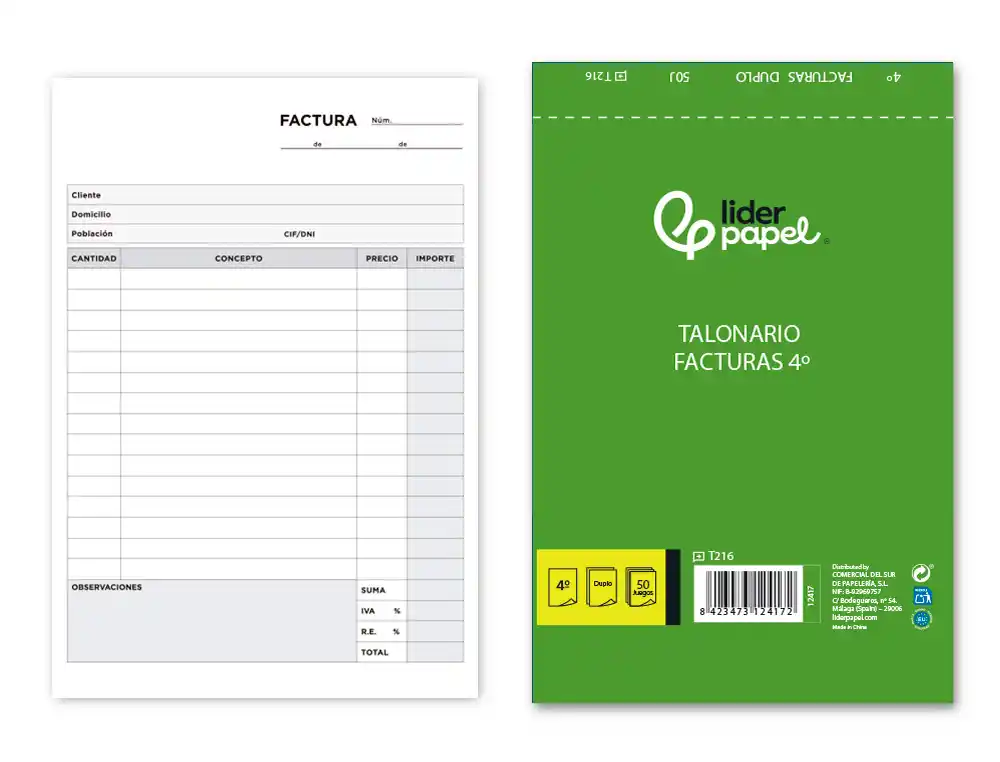 [12417] Talonario liderpapel facturas cuarto original y copia t216 con i.v.a.