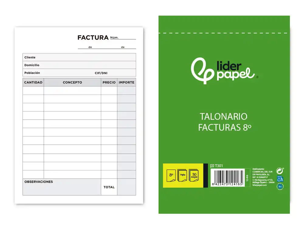 [12416] Talonario liderpapel facturas 8º original y 2 copias t301 sin i.v.a.