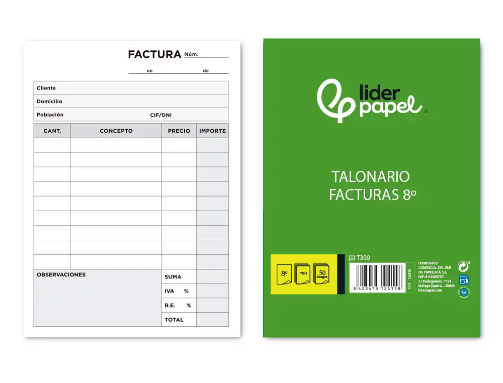 [12415] Talonario liderpapel facturas 8º original y 2 copias t300 con i.v.a.