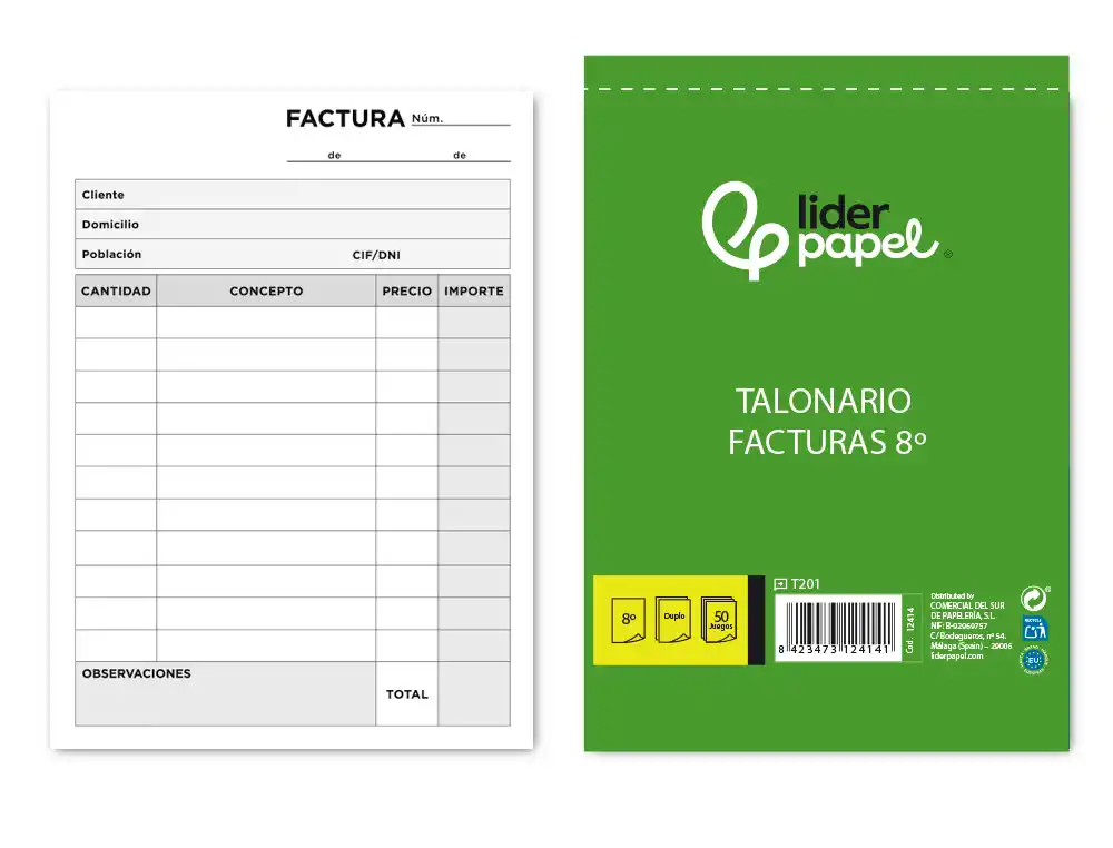 Talonario liderpapel facturas 8º original y copia t201 sin i.v.a.