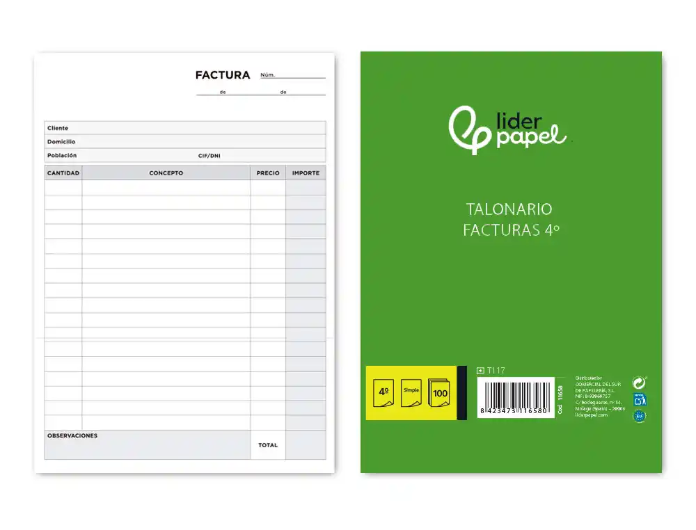 [11658] Talonario liderpapel facturas cuarto original t117 sin i.v.a