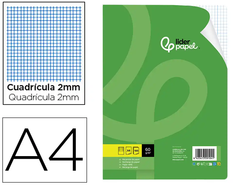 Recambio liderpapel a4 100 hojas 60gr milimetrado sin margen 4 taladros